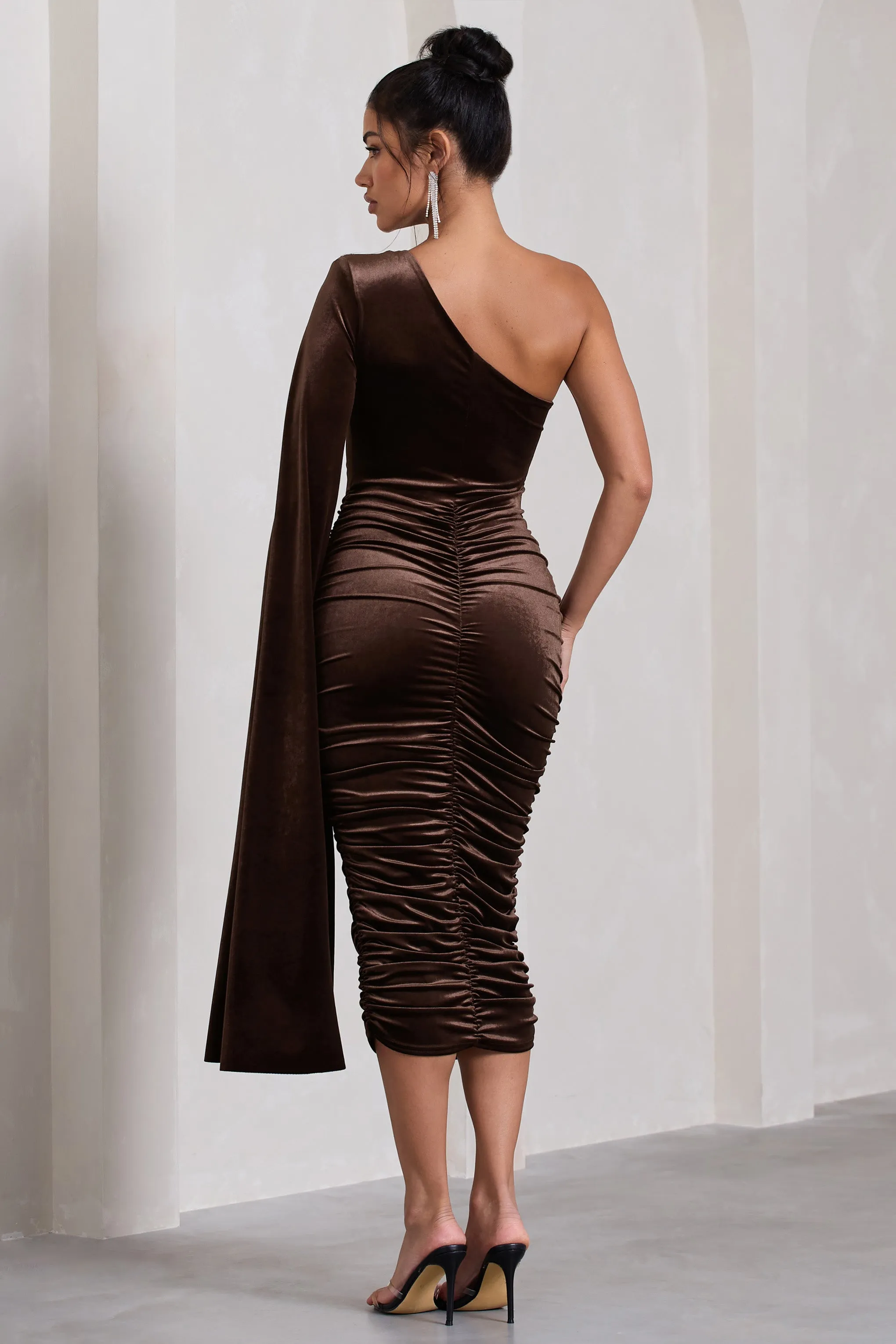 Gianna | Chocolate Velvet One Shoulder Cape Bodycon Midi Dress