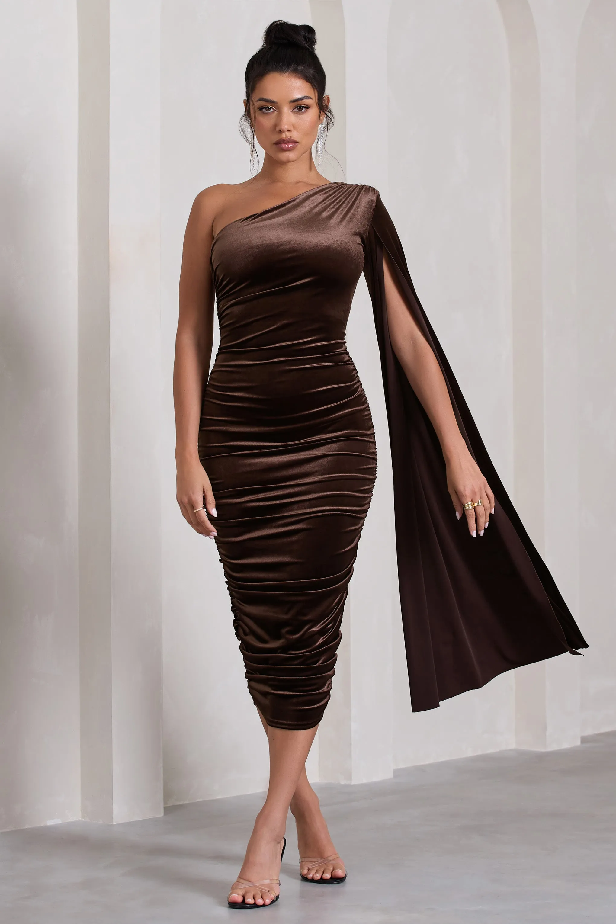 Gianna | Chocolate Velvet One Shoulder Cape Bodycon Midi Dress