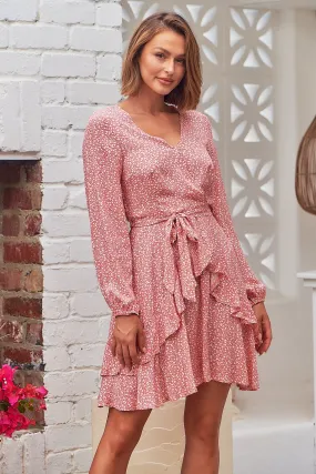 Greta Long sleeve Pink X/ Over Tie Dress