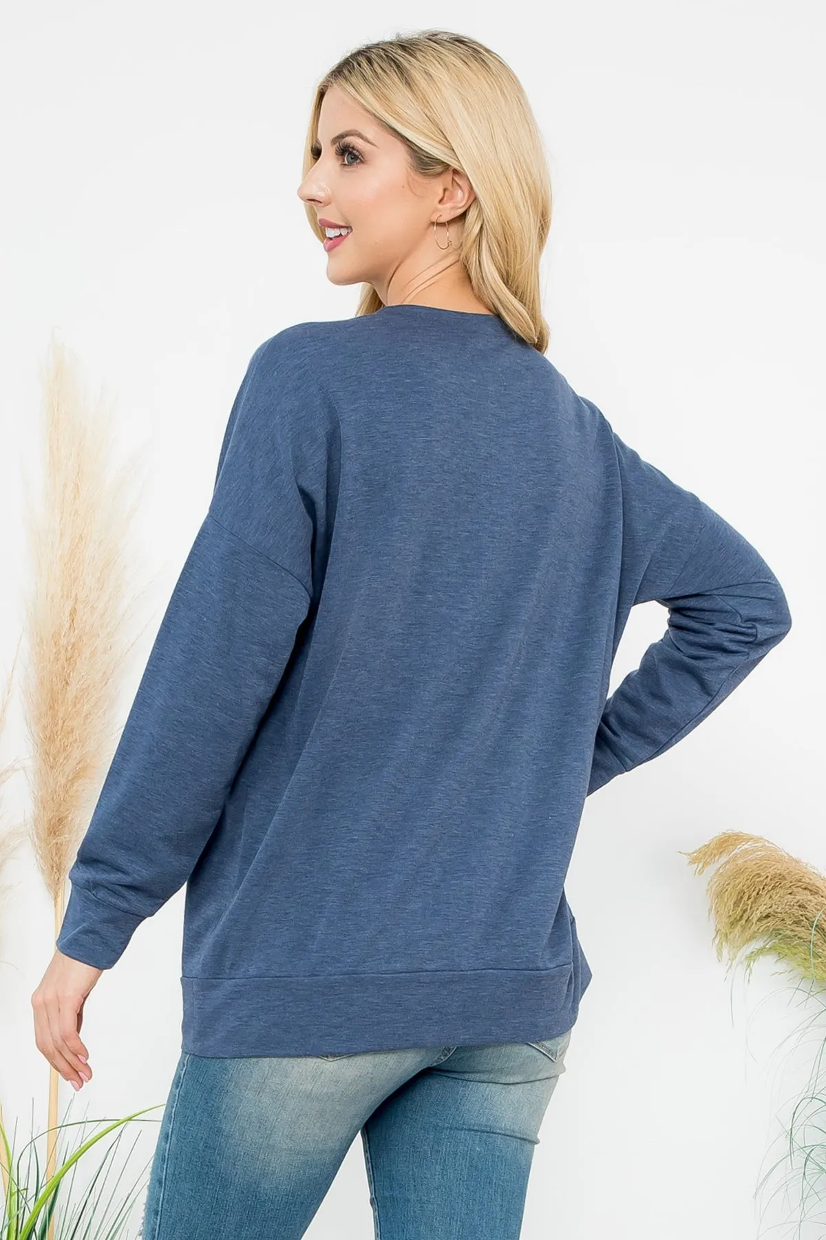 HEATHER NAVY FRENCH TERRY TOP WITH KANGAROO POCKET