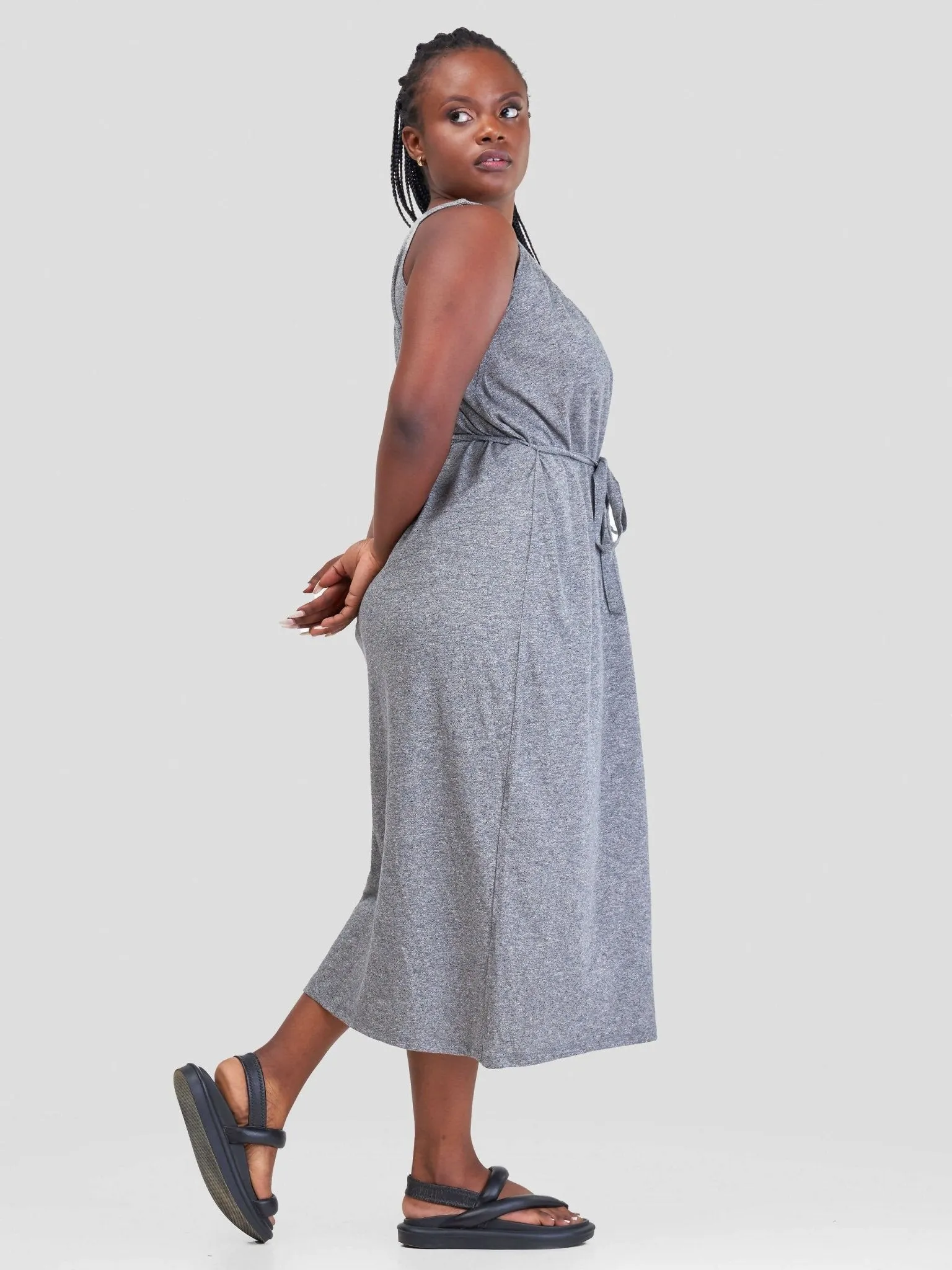 Hessed Midi Round Neck Sleeveless Dress - Grey