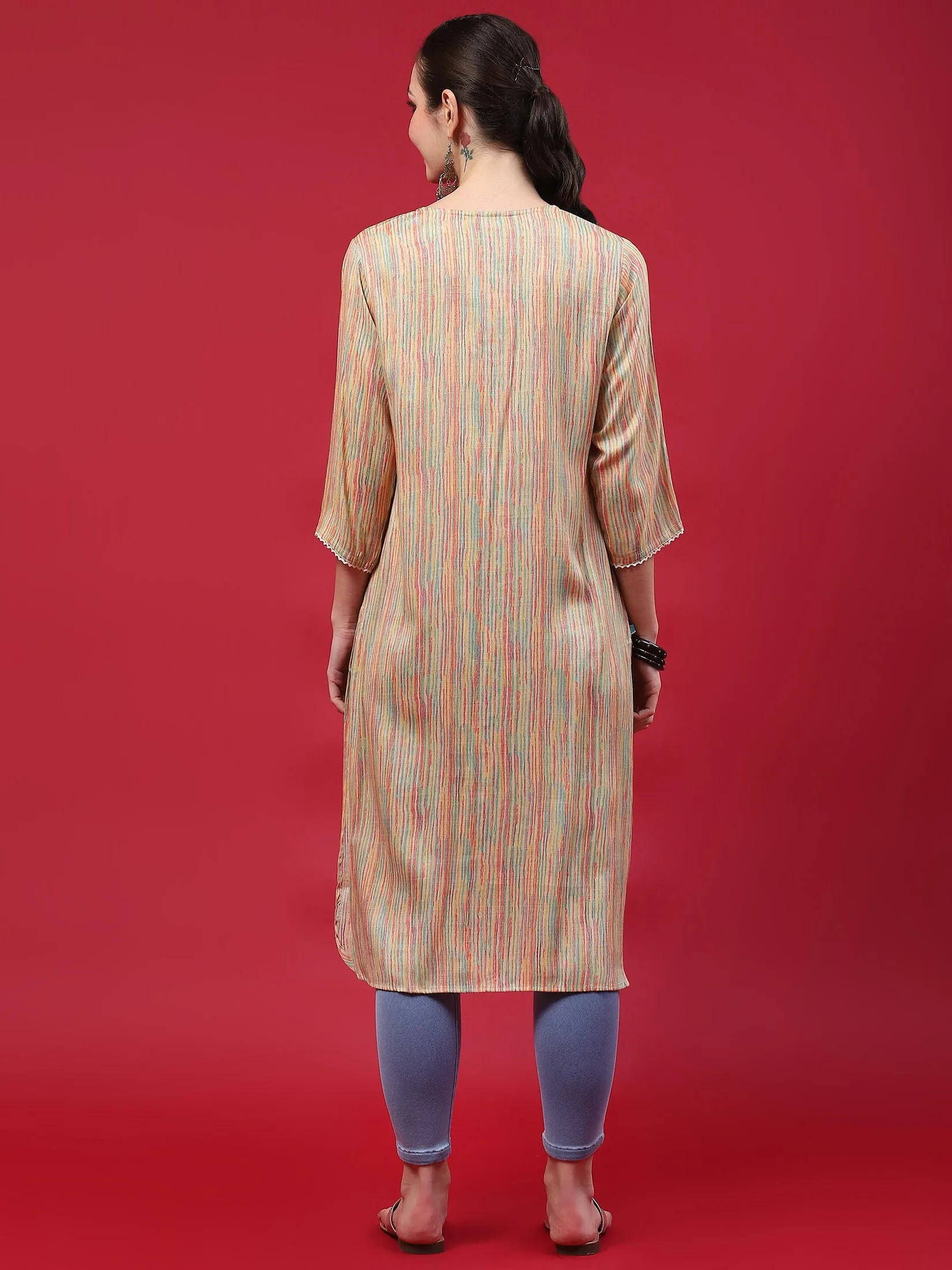 Indiessence Women Beige Stripe Printed Kurta