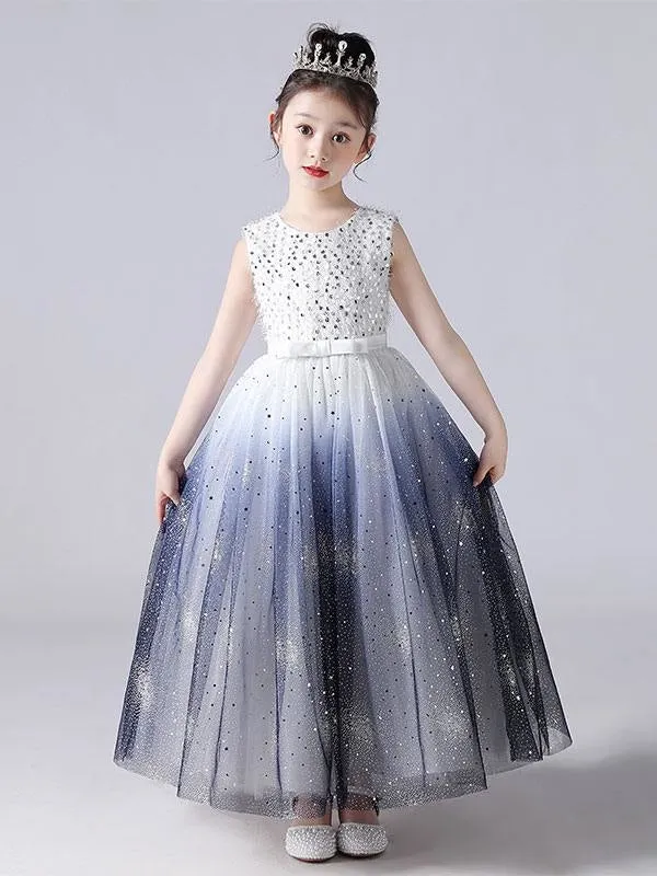 Ink Blue Flower Girl Dresses Sleeveless Gradient Sequins Kids Princess Party Dresses