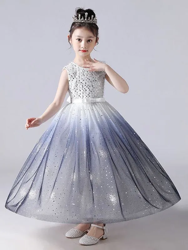 Ink Blue Flower Girl Dresses Sleeveless Gradient Sequins Kids Princess Party Dresses