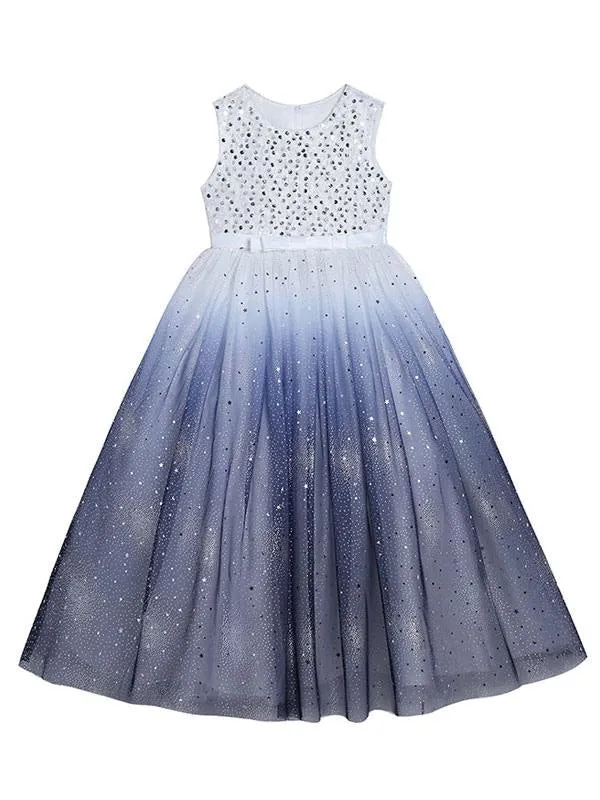 Ink Blue Flower Girl Dresses Sleeveless Gradient Sequins Kids Princess Party Dresses