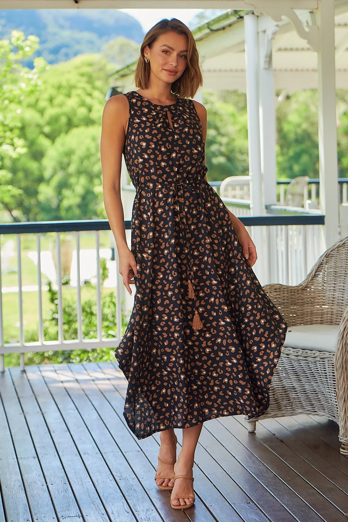 Jacinta Sleeveless Black Animal Printed Midi Dress