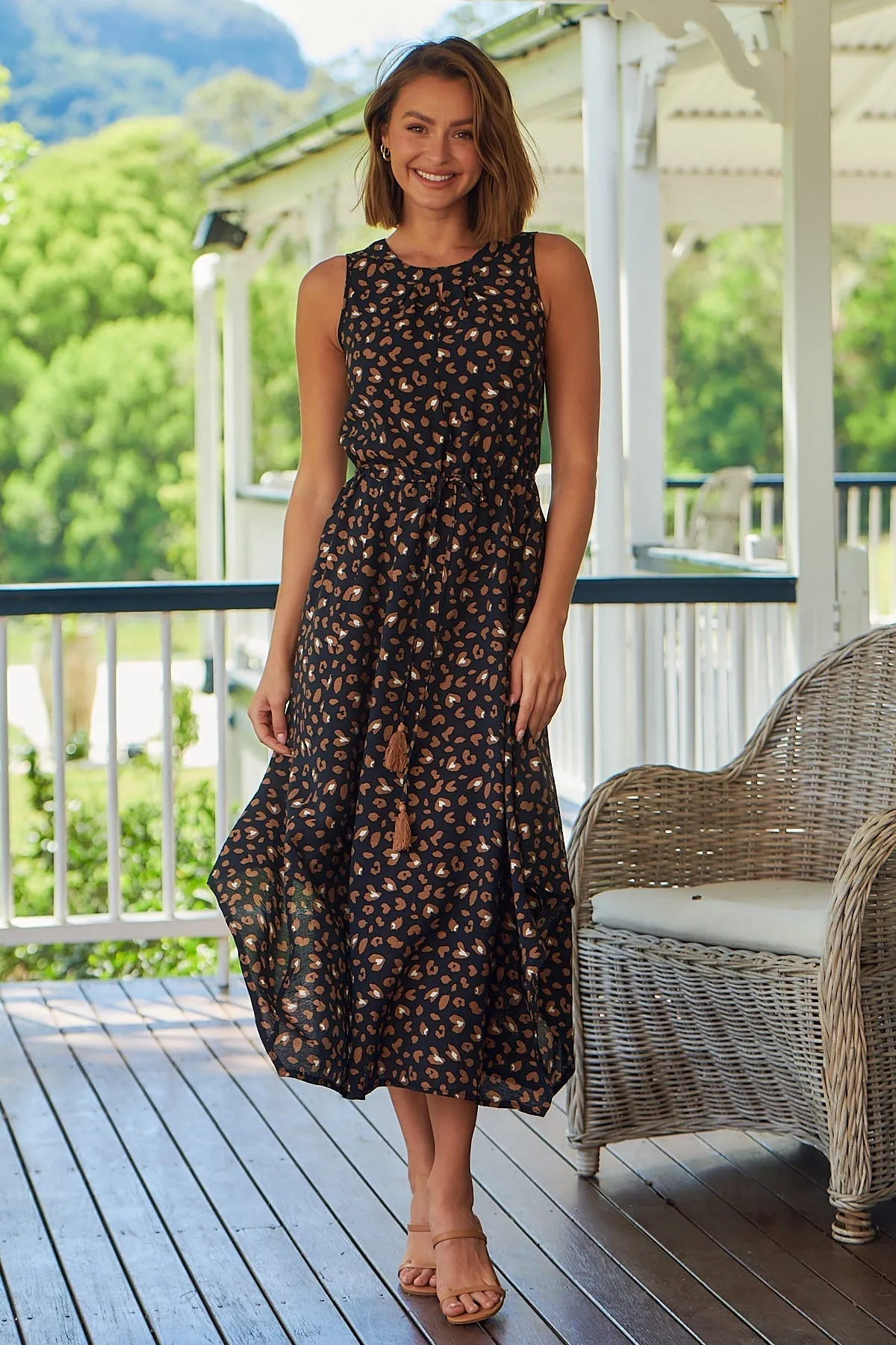 Jacinta Sleeveless Black Animal Printed Midi Dress