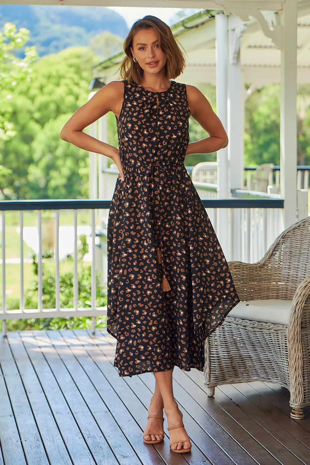 Jacinta Sleeveless Black Animal Printed Midi Dress