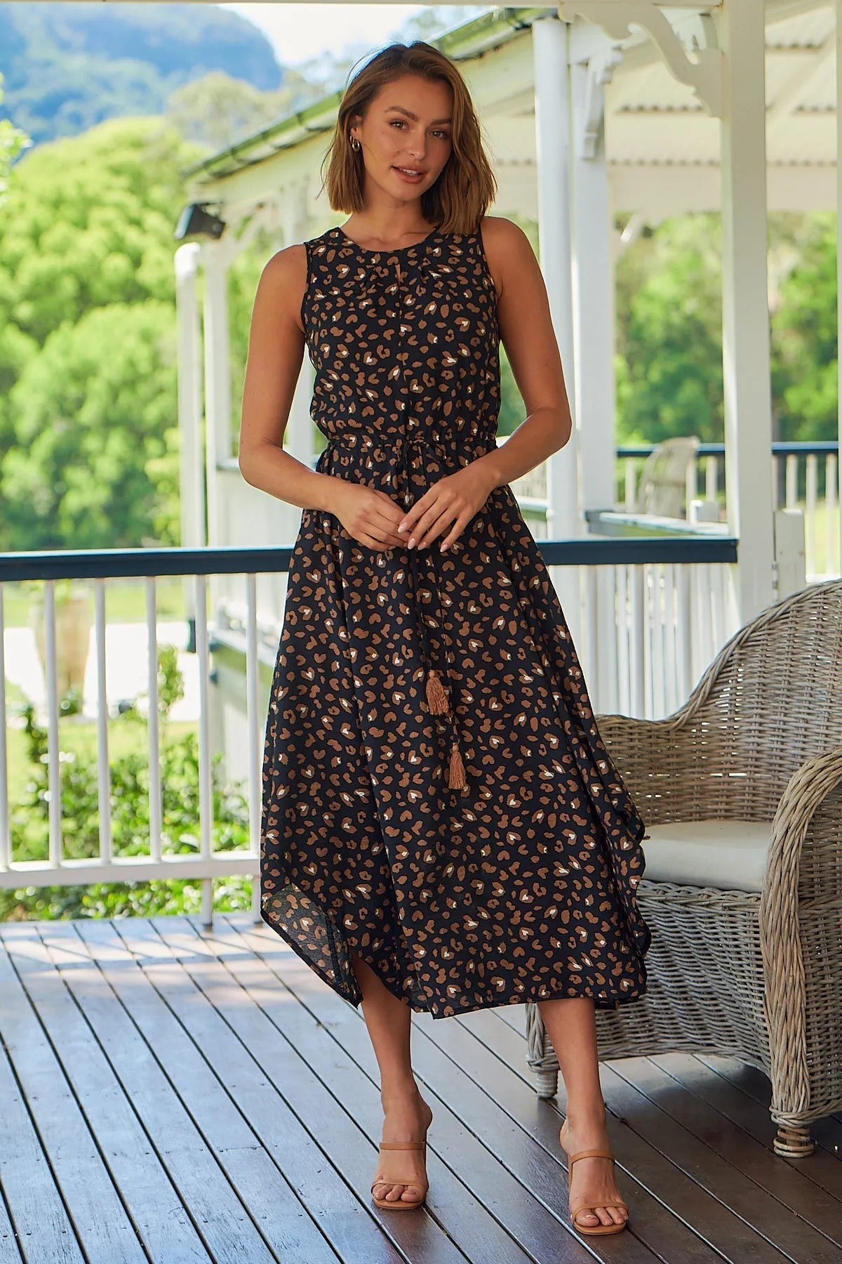 Jacinta Sleeveless Black Animal Printed Midi Dress