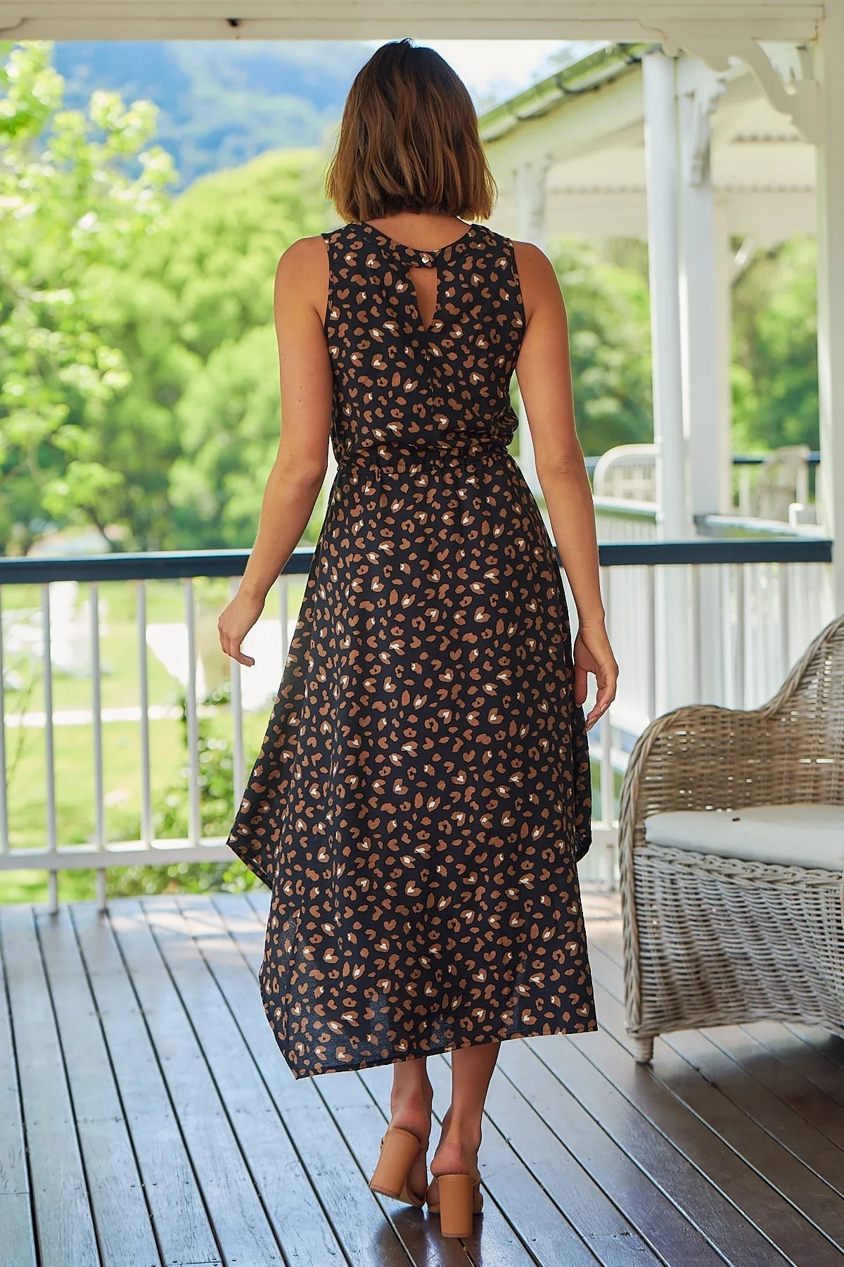 Jacinta Sleeveless Black Animal Printed Midi Dress