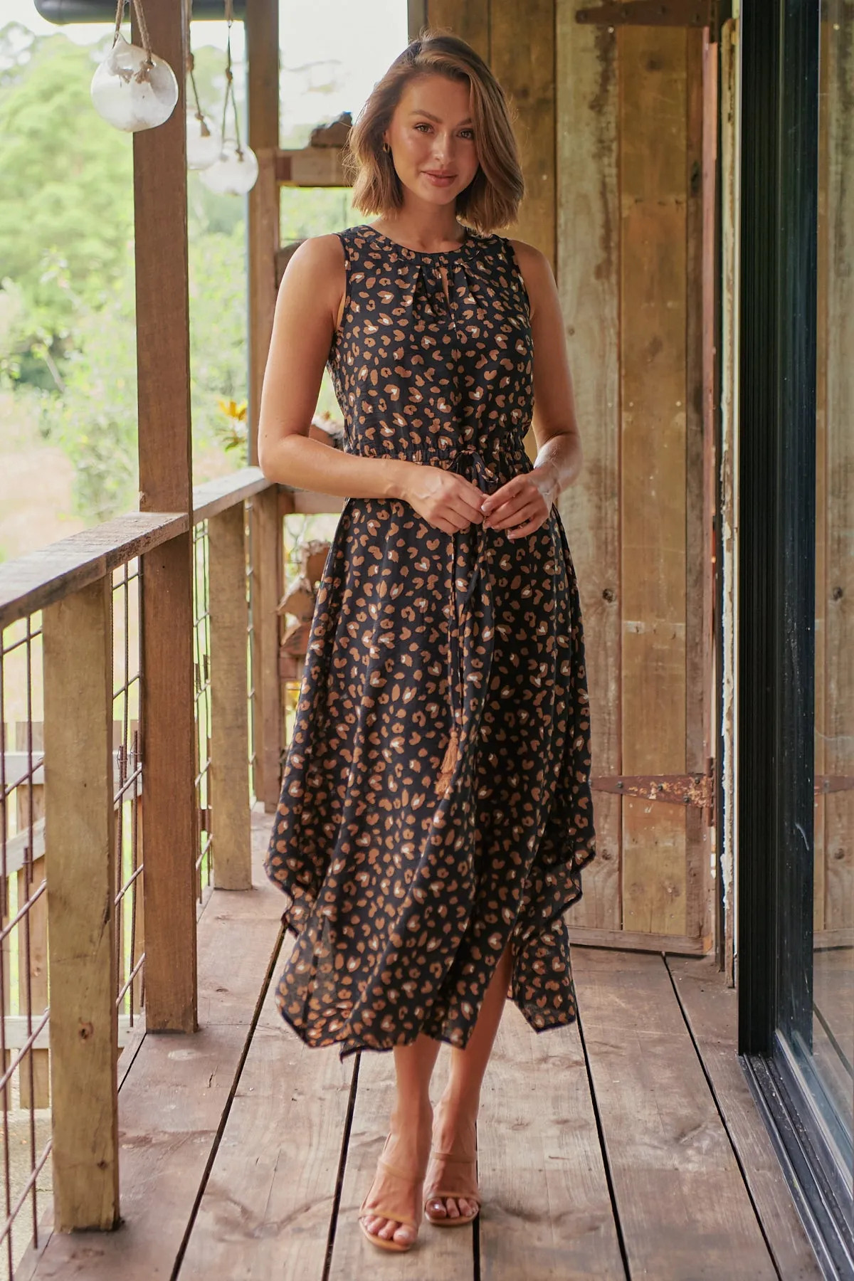 Jacinta Sleeveless Black Animal Printed Midi Dress