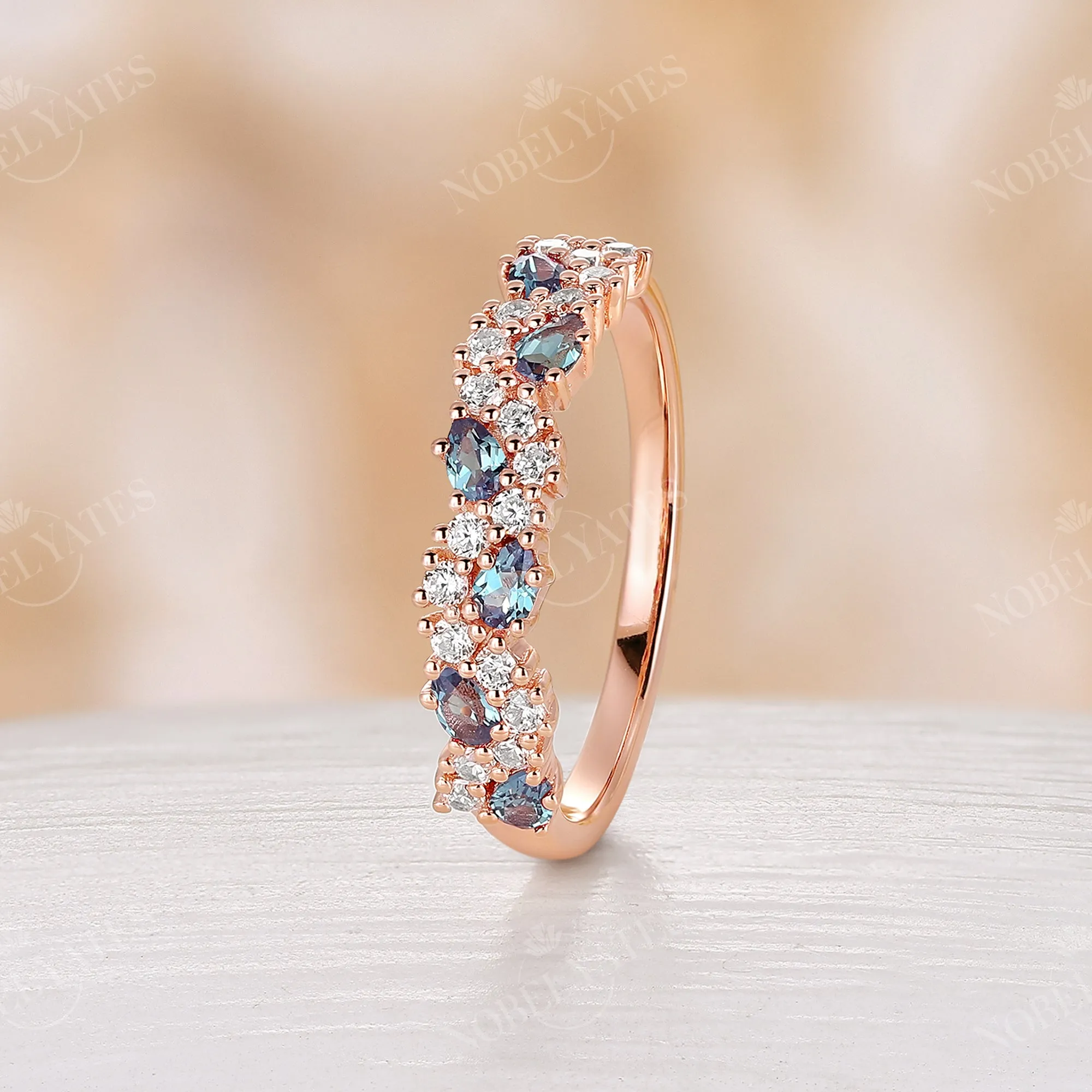 Lab Alexandrite & Moissanite Cluster Wedding Band Rose Gold