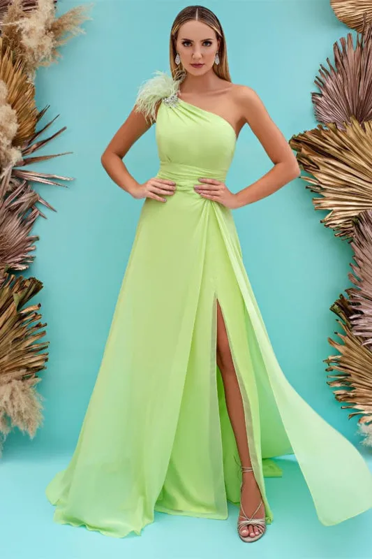 Light Green Front Split Mermaid One Shoulder Evening Dress With Feather