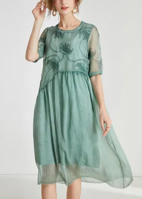 Loose Green Embroidered Patchwork Chiffon Dresses Summer AB1026