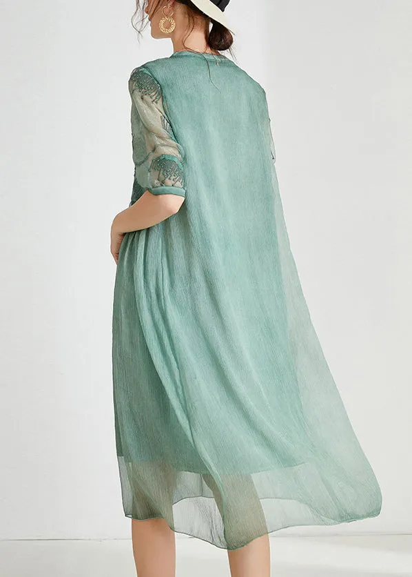 Loose Green Embroidered Patchwork Chiffon Dresses Summer AB1026