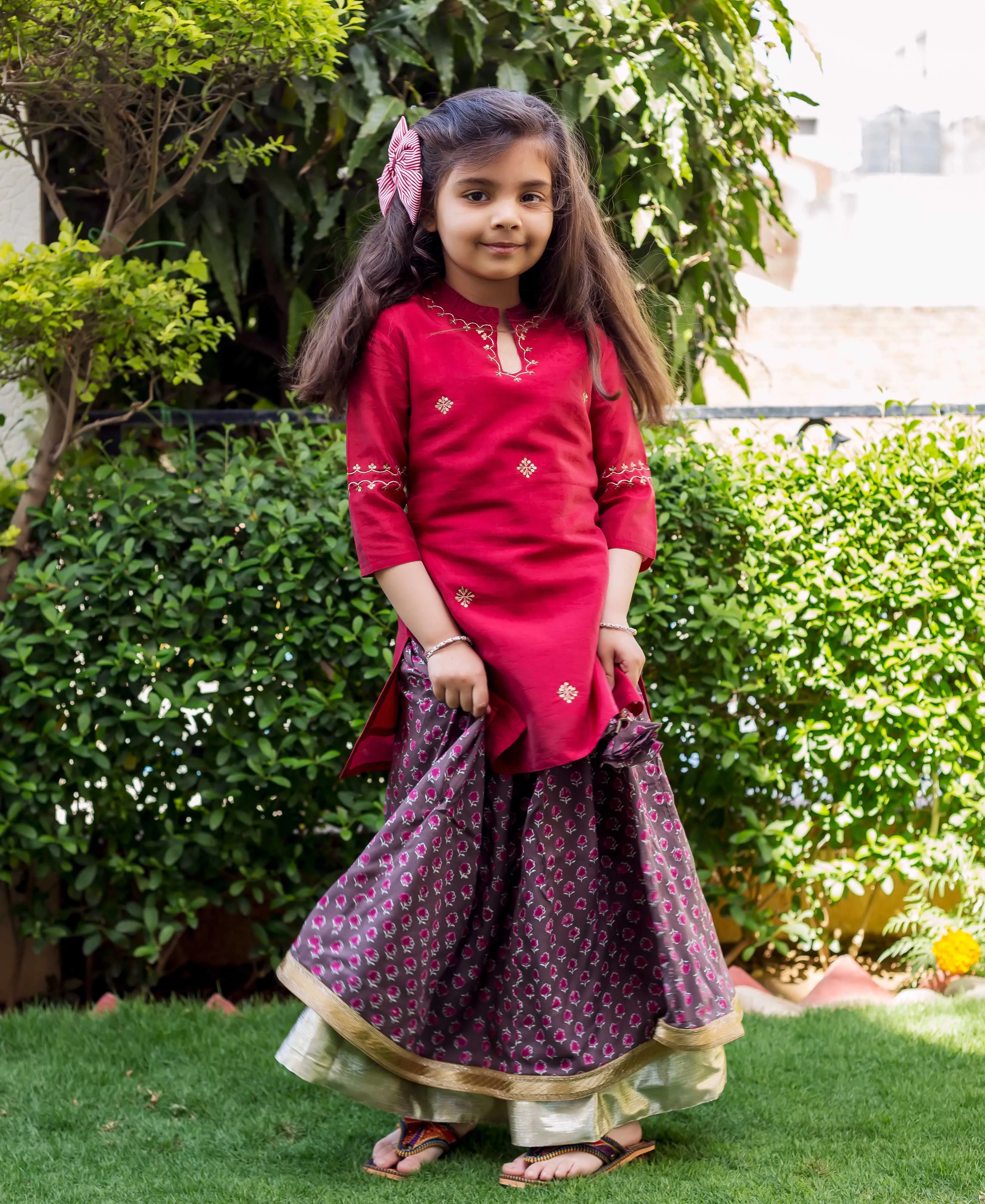 Maroon Embroidered Chanderi Kurta with Skirt