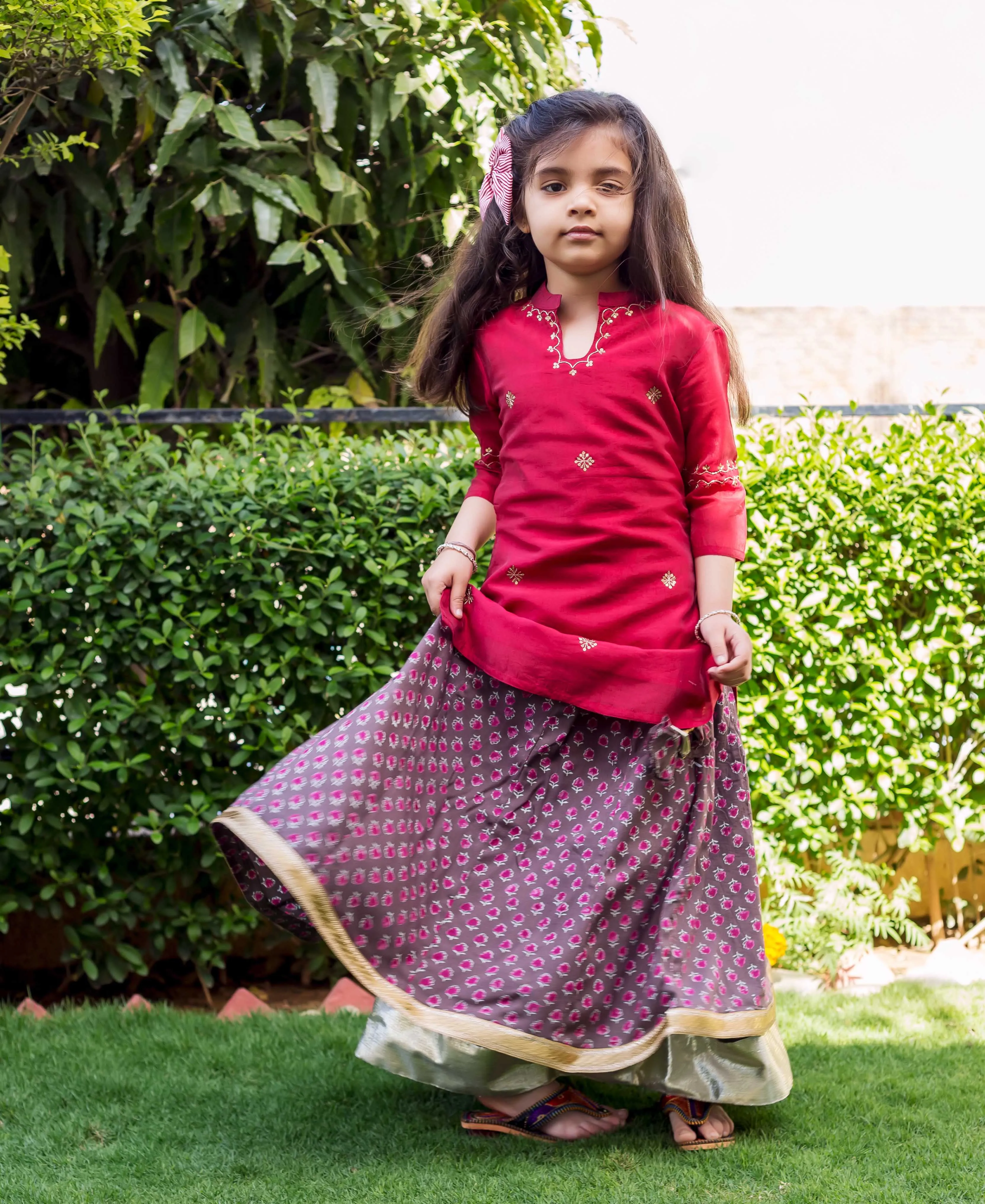 Maroon Embroidered Chanderi Kurta with Skirt