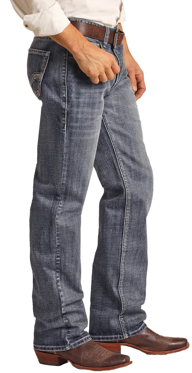 Men's RELAXED FIT LADDER STITCH MEDIUM WASH STRAIGHT BOOTCUT JEANS