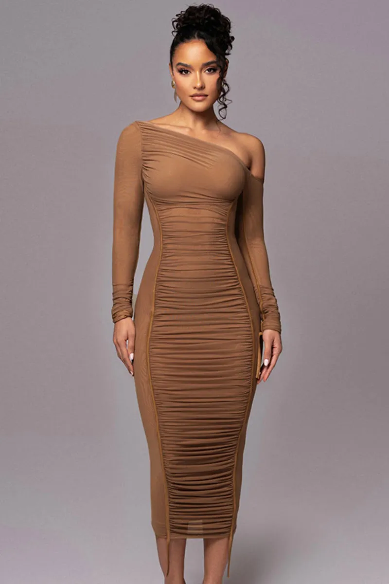 Mesh Ruched Maxi Bodycon Dress Long Sleeve