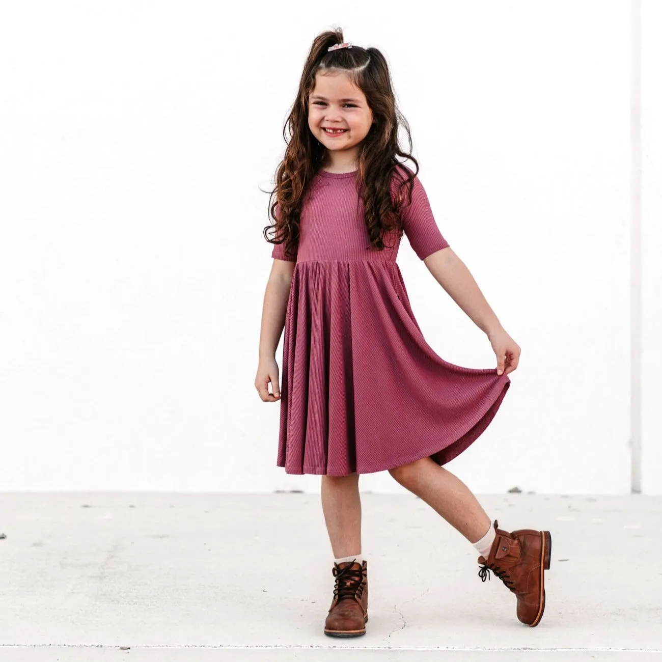 MID SLEEVE TWIRL DRESS- Mauve Ribbed