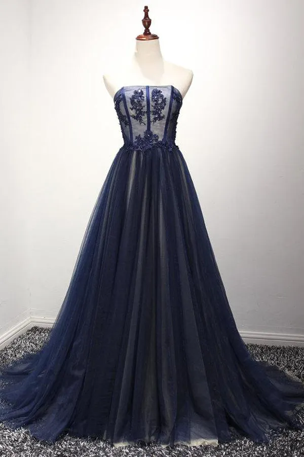 Navy A Line Sweep Train Straight Sleeveless Mid Back Lace Up Prom Dresses