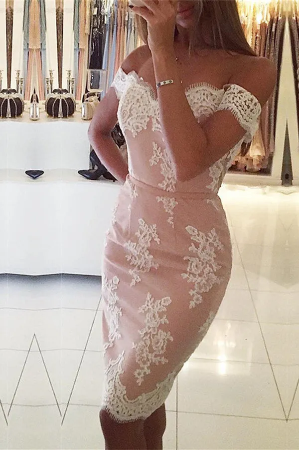 Off Shoulder Mid Back Lace Appliques Bodycon Short Prom Dresses