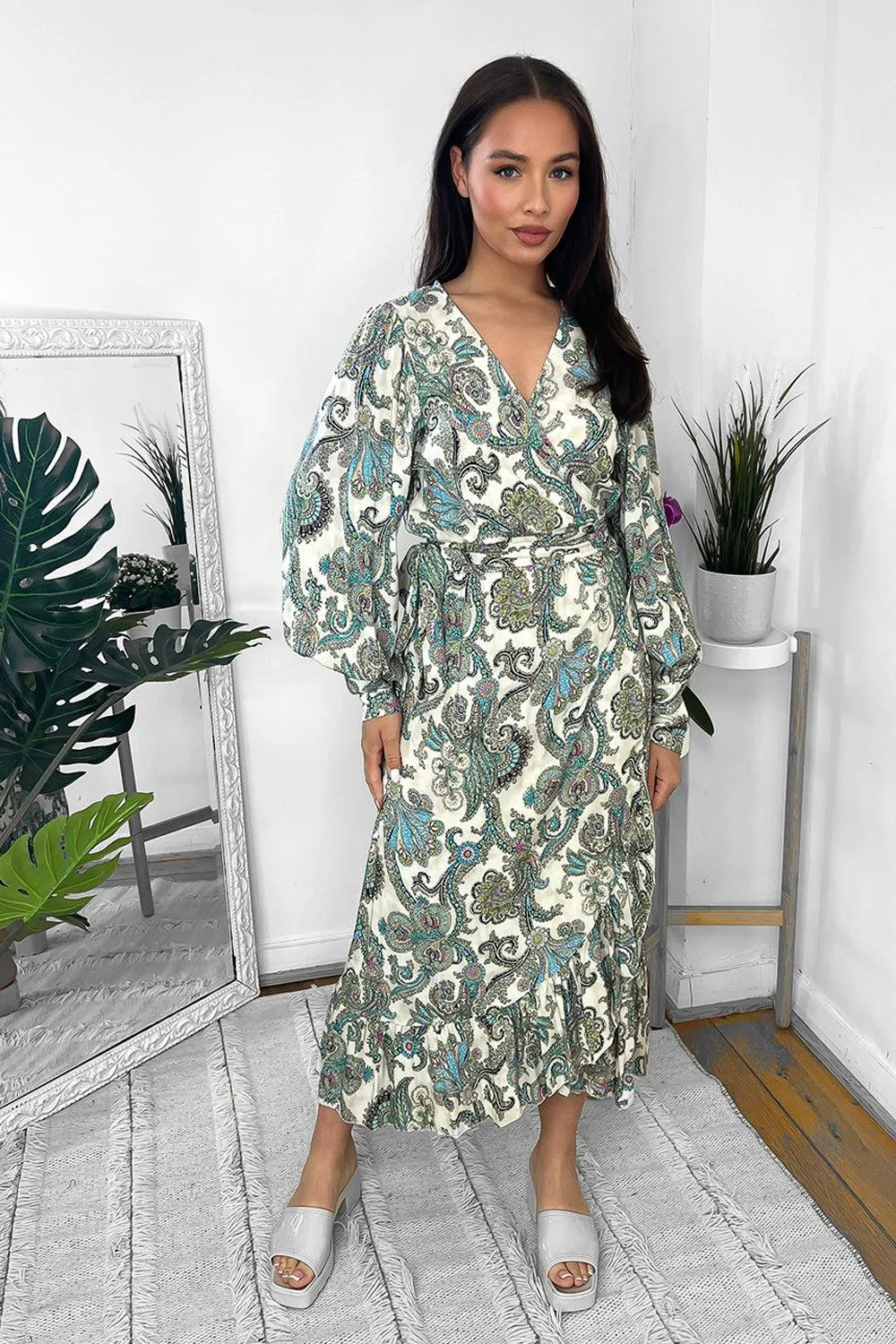 Paisley Print Wrap Over Midi Dress