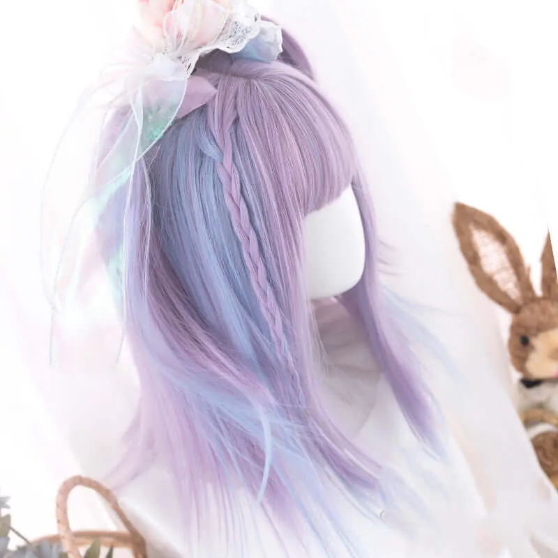 Pastel blue purple pick dyed short straight wig BY5050