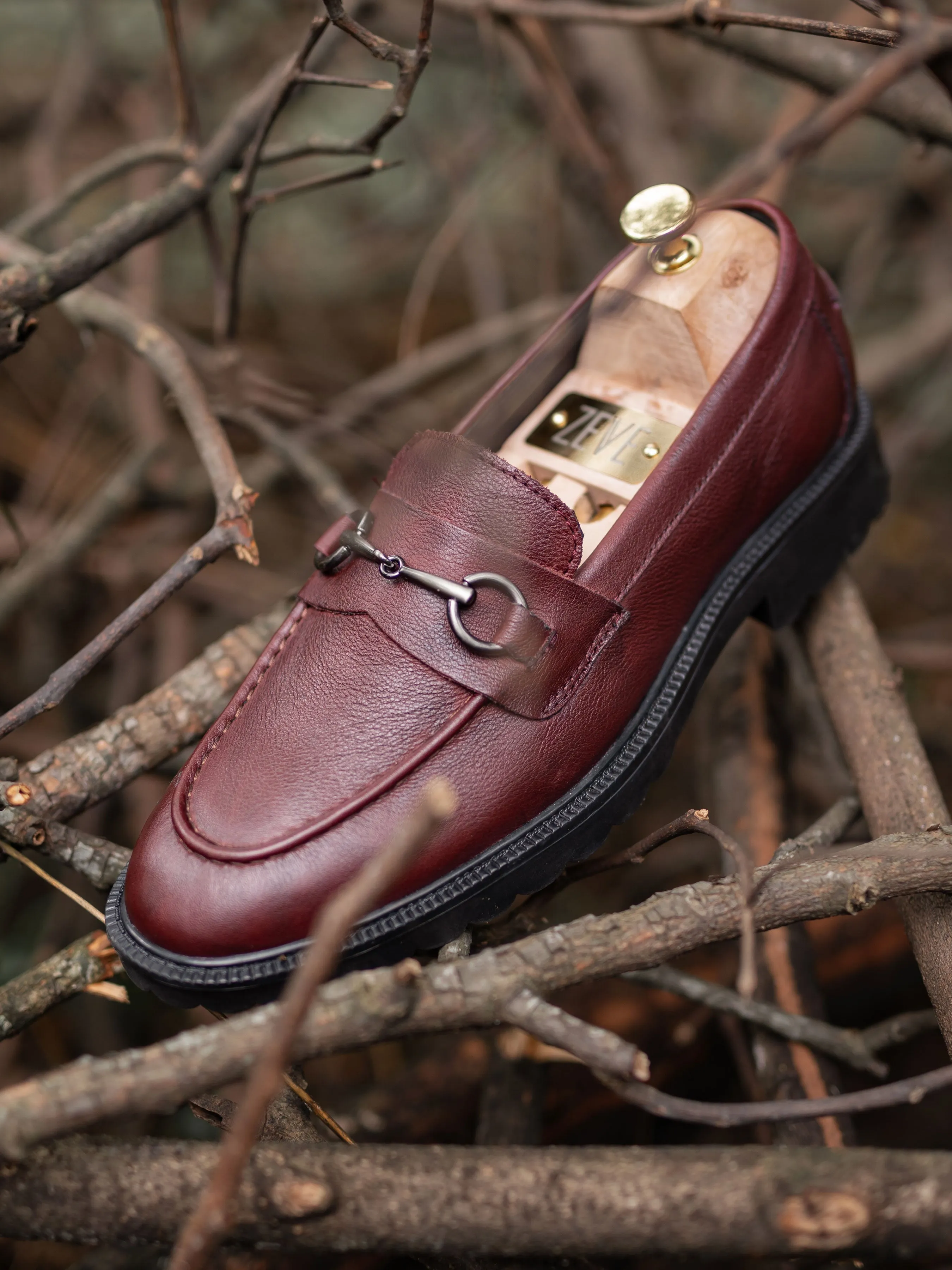 Penny Loafer Horsebit Buckle - Red Burgundy Pebble Grain Leather (Combat Sole)