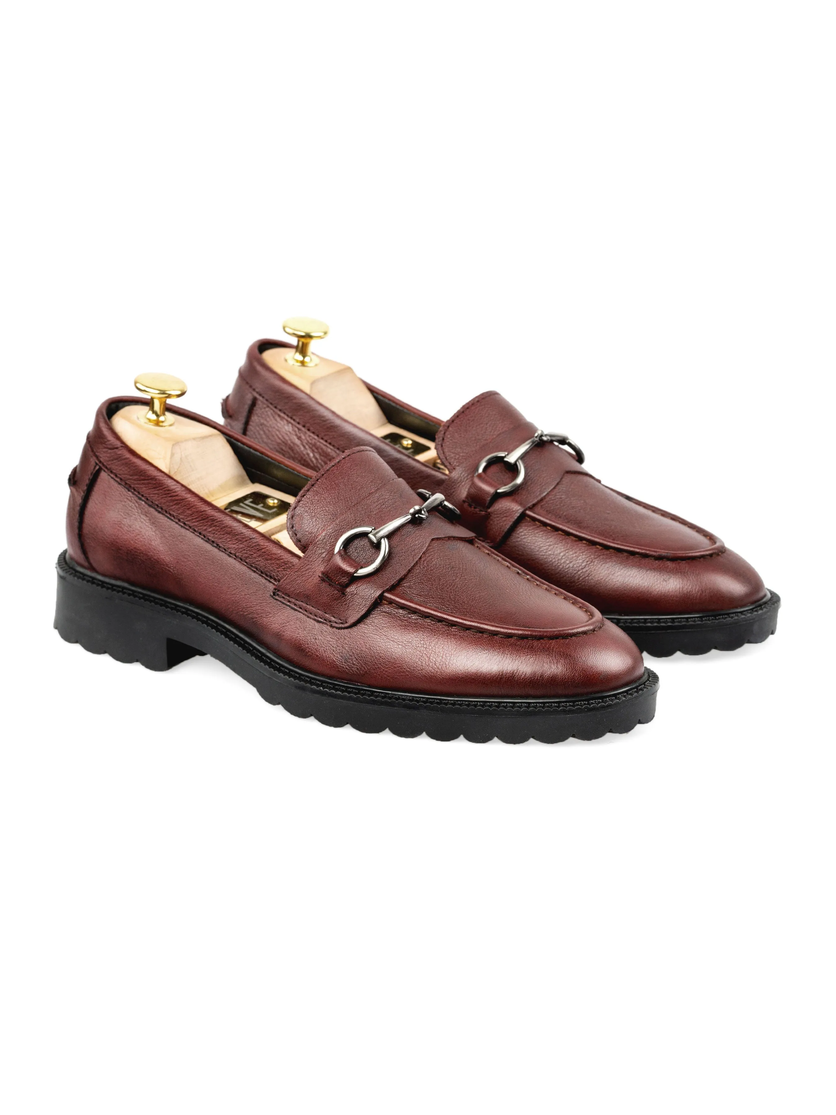 Penny Loafer Horsebit Buckle - Red Burgundy Pebble Grain Leather (Combat Sole)