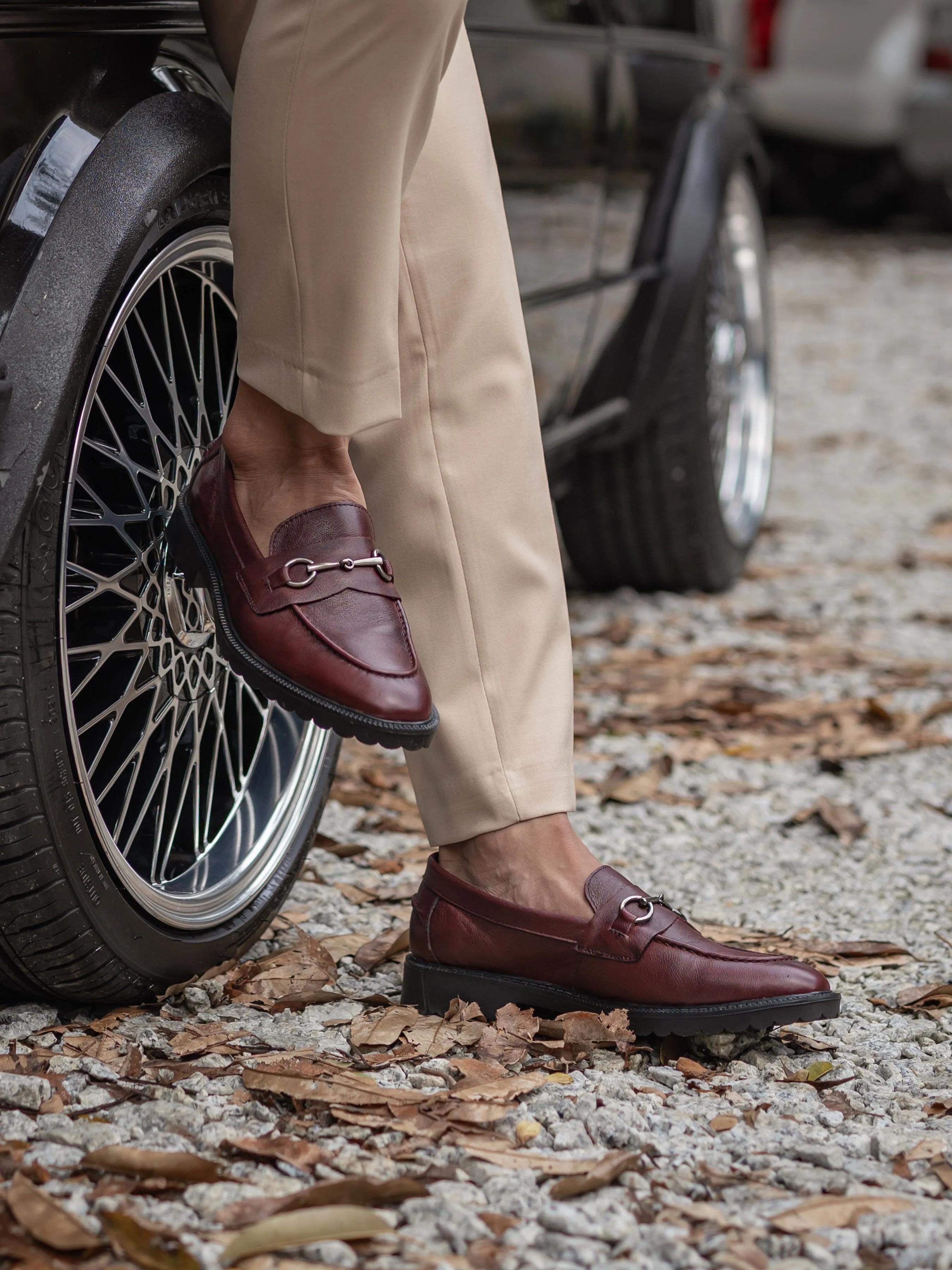 Penny Loafer Horsebit Buckle - Red Burgundy Pebble Grain Leather (Combat Sole)