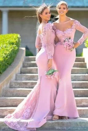 Pink Mermaid Applique Long Sleeves Floor-Length Bridesmaid Dress