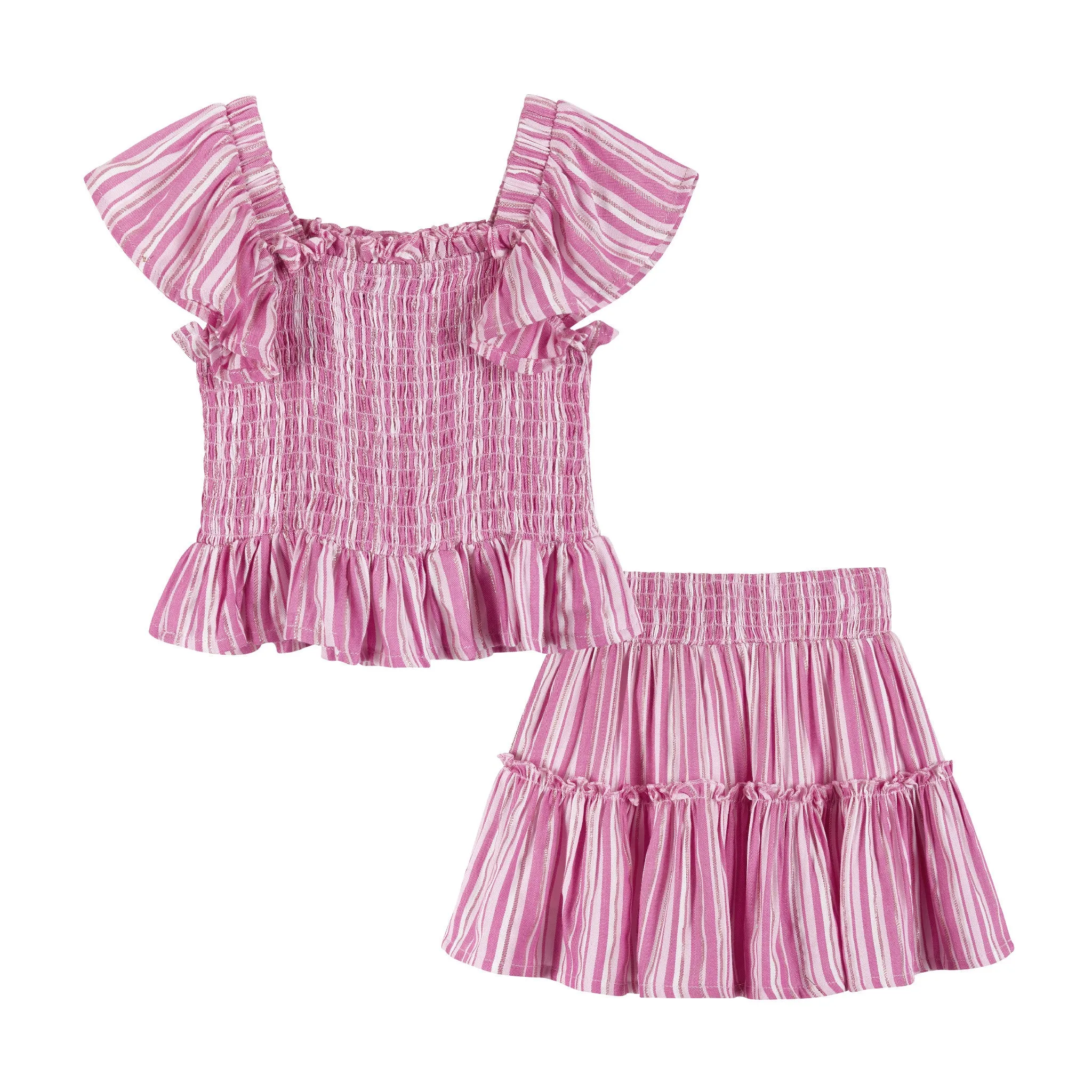 Pink Striped Smocked Top & Tiered Skirt