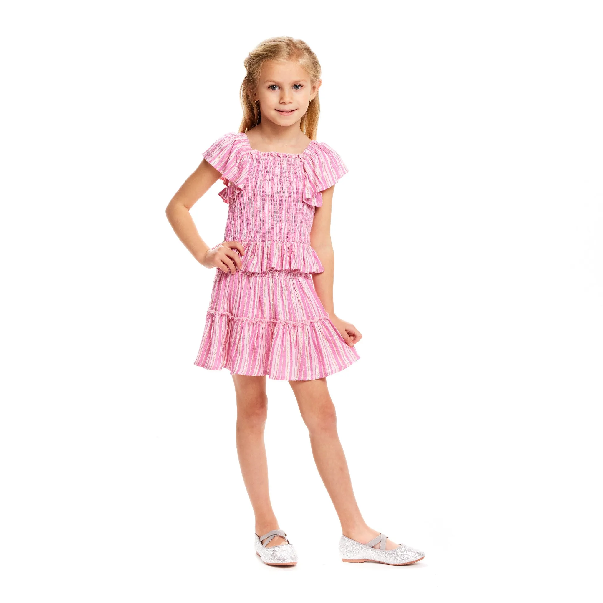 Pink Striped Smocked Top & Tiered Skirt