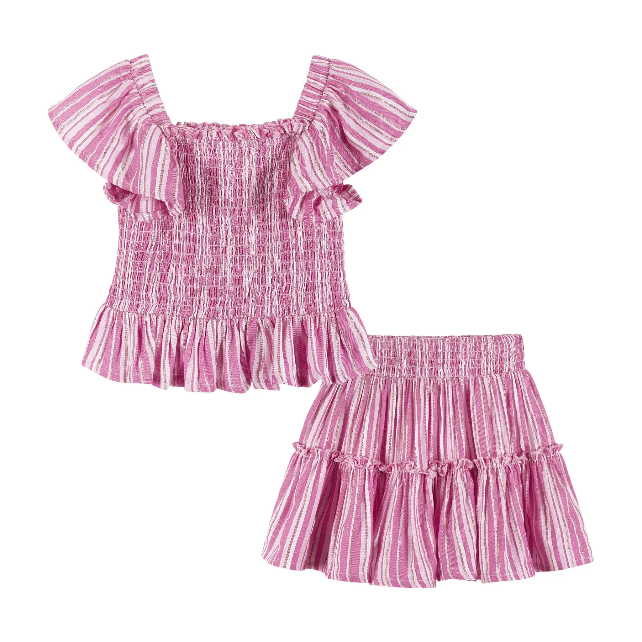 Pink Striped Smocked Top & Tiered Skirt