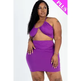 Plus Size Sexy Solid Crisscross Halter Top & Ruched Mini Skirt Set