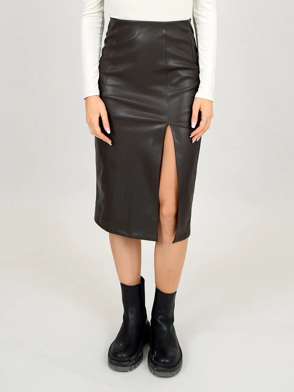 RD STYLE Tori Faux Leather Front Slit Midi Skirt