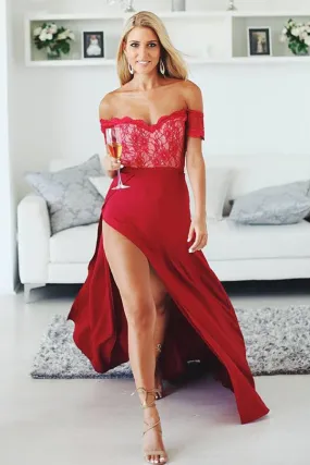 Red A Line Floor Length Off Shoulder Side Slit Long Prom Dresses