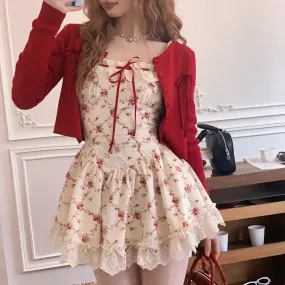 Red Floral Dress Cardigan Set