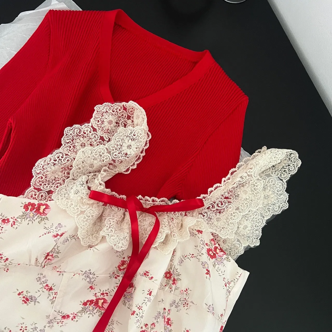 Red Floral Dress Cardigan Set