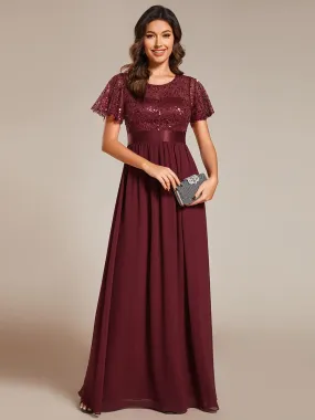 Robe de soirée à manches courtes et col rond à sequins taille haute