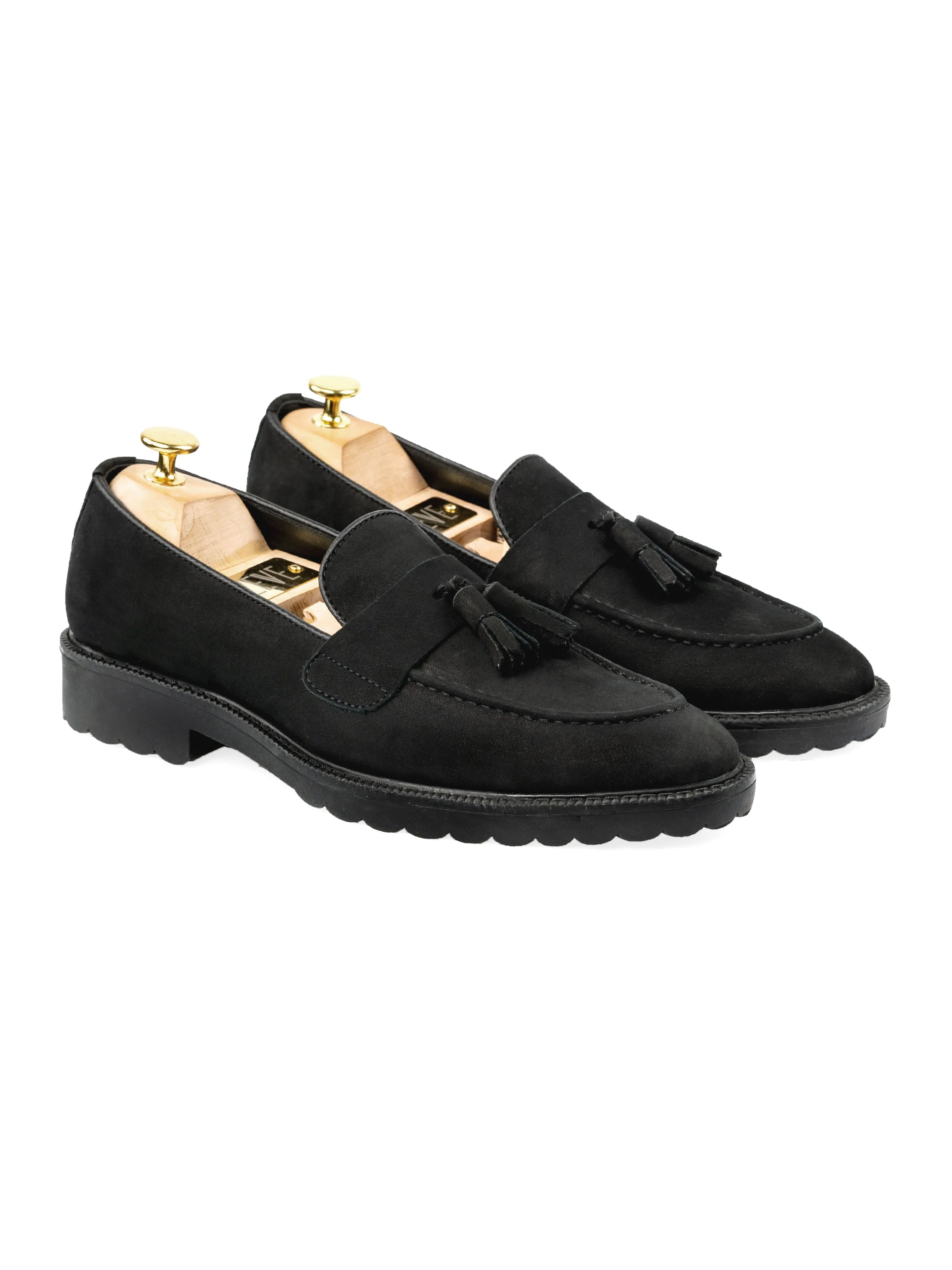 Rocky Tassel Loafer - Black Nubuck Leather (Combat Sole)