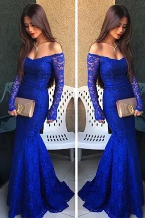 Royal Blue Lace Long Sleeves Sexy Prom Dresses for Teens