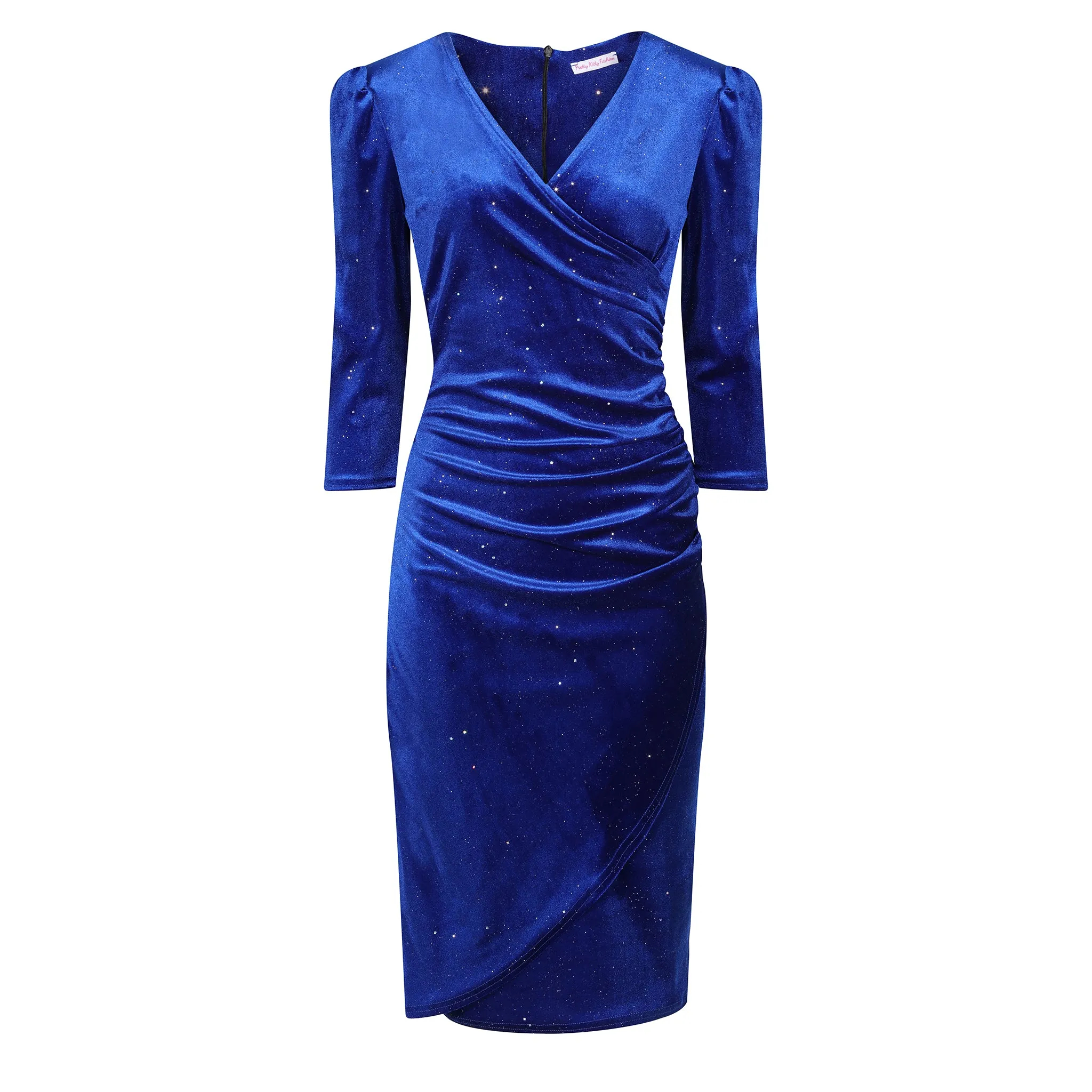 Royal Blue Velour Sparkle Wrapover 3/4 Sleeve Midi Dress