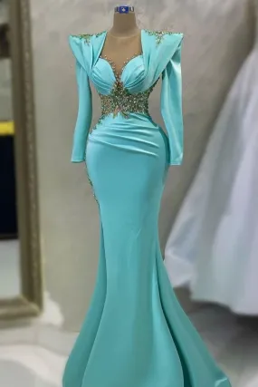 Satin Emerald Prom Dress with Applikation Sleeves and Lang Mermaid