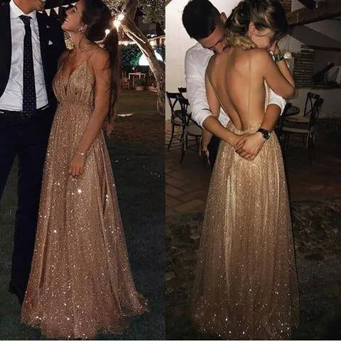 Shining Spaghetti Straps Deep V-neck Backless Sequins Prom Party Dresses ER2110