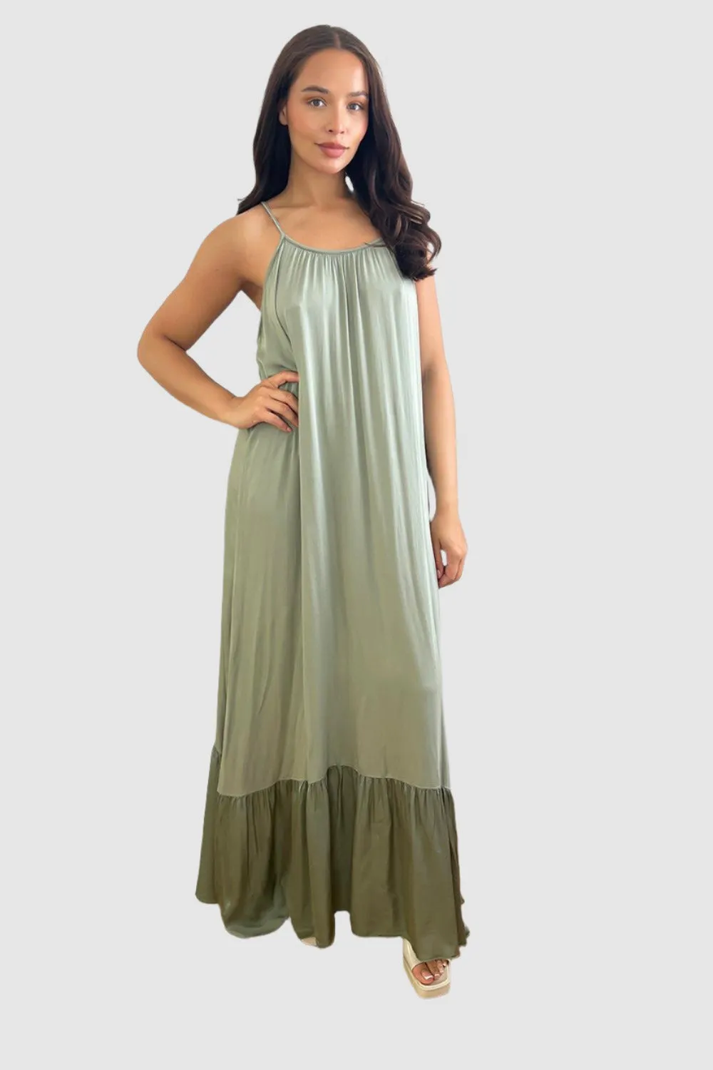 Silk Blend Spaghetti Straps Tiered Maxi Dress