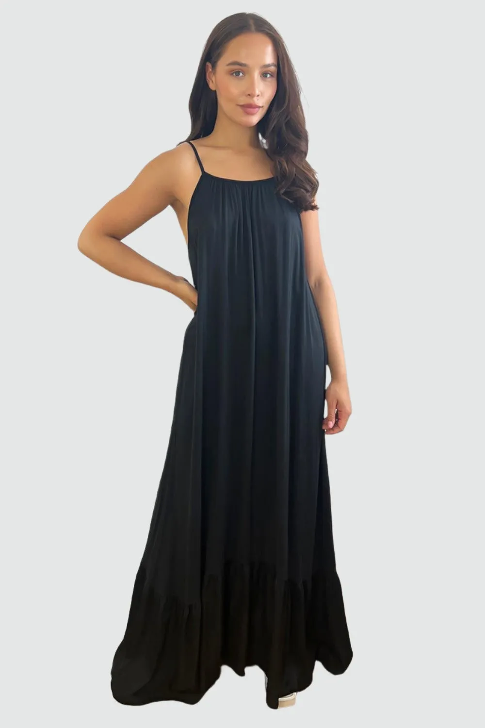 Silk Blend Spaghetti Straps Tiered Maxi Dress