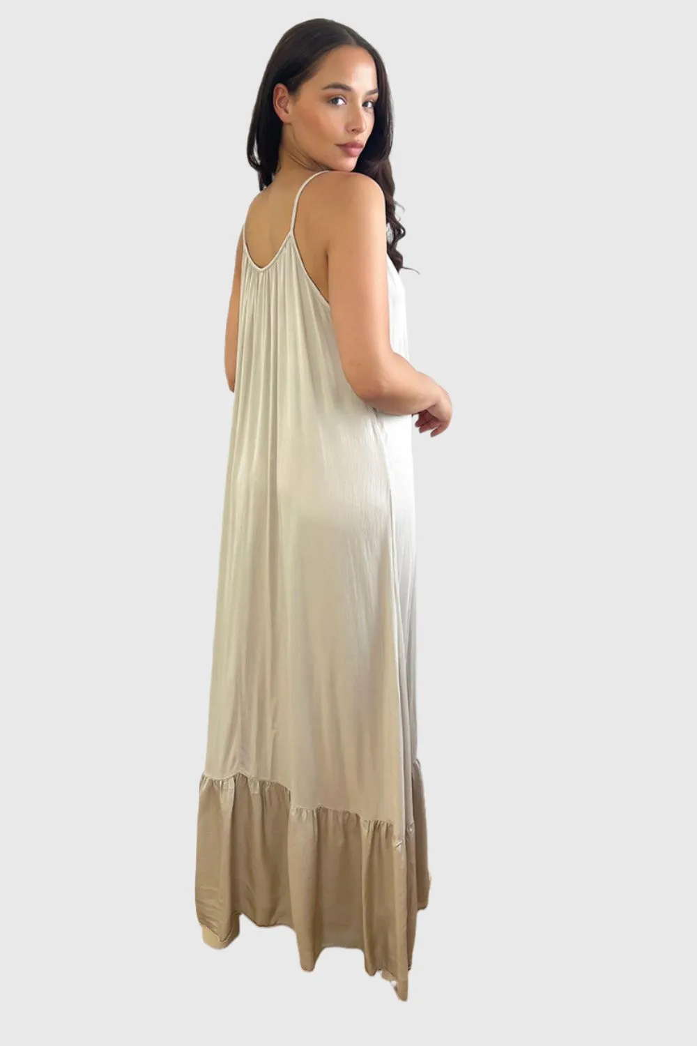 Silk Blend Spaghetti Straps Tiered Maxi Dress