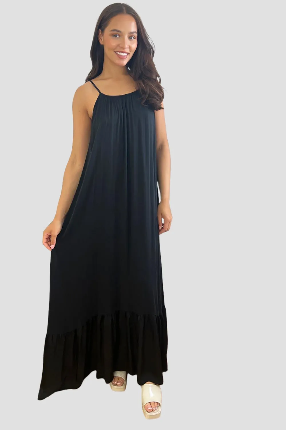 Silk Blend Spaghetti Straps Tiered Maxi Dress